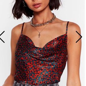 Nasty Gal Animal Leopard Print Orange Green Satin Camisole Tank Top Sz 4 Cowl